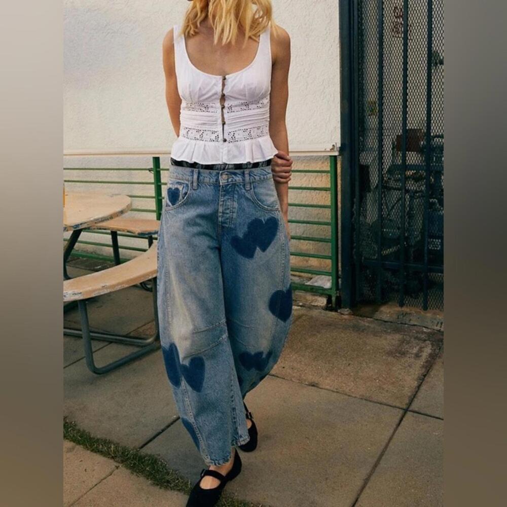 NEW BARREL Y2K Streetwear SZ S High Rise Slouchy Cropped Denim Heart Jeans Pants - Picture 5 of 9